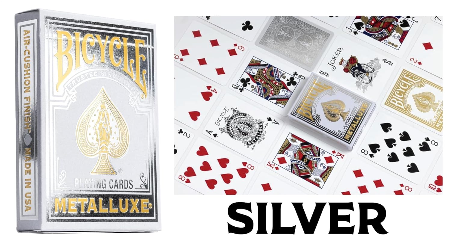 Bicycle Metalluxe Silver playing cards with packaging and cards spread out.