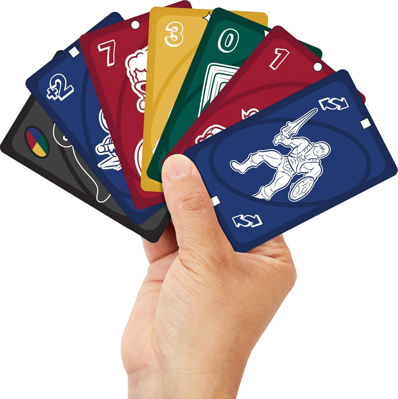 Hand holding UNO Mattel 80th Anniversary cards