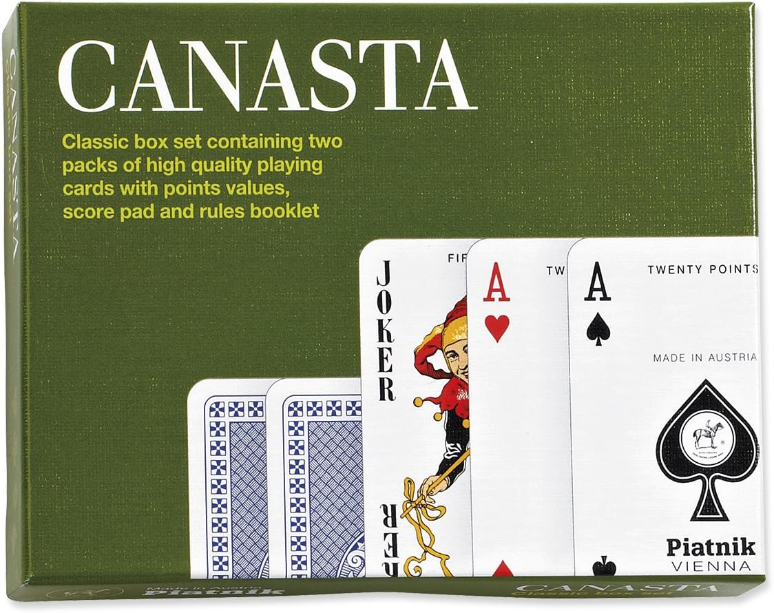 Canasta playing card set packaging with cards and Piatnik logo.