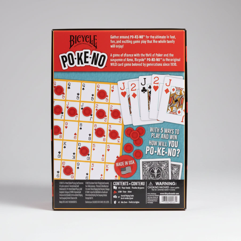 Bicycle PO-KE-NO original wild card game box with boards, chips, Bicycle cards, and rules