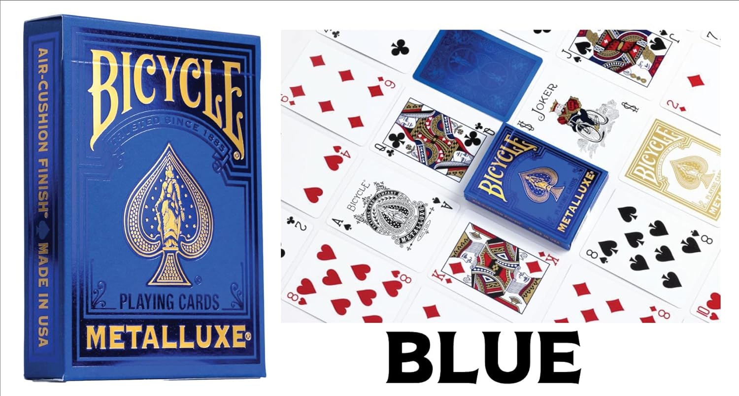 Blue Bicycle Metalluxe playing cards with deck and cards spread out on a white background.