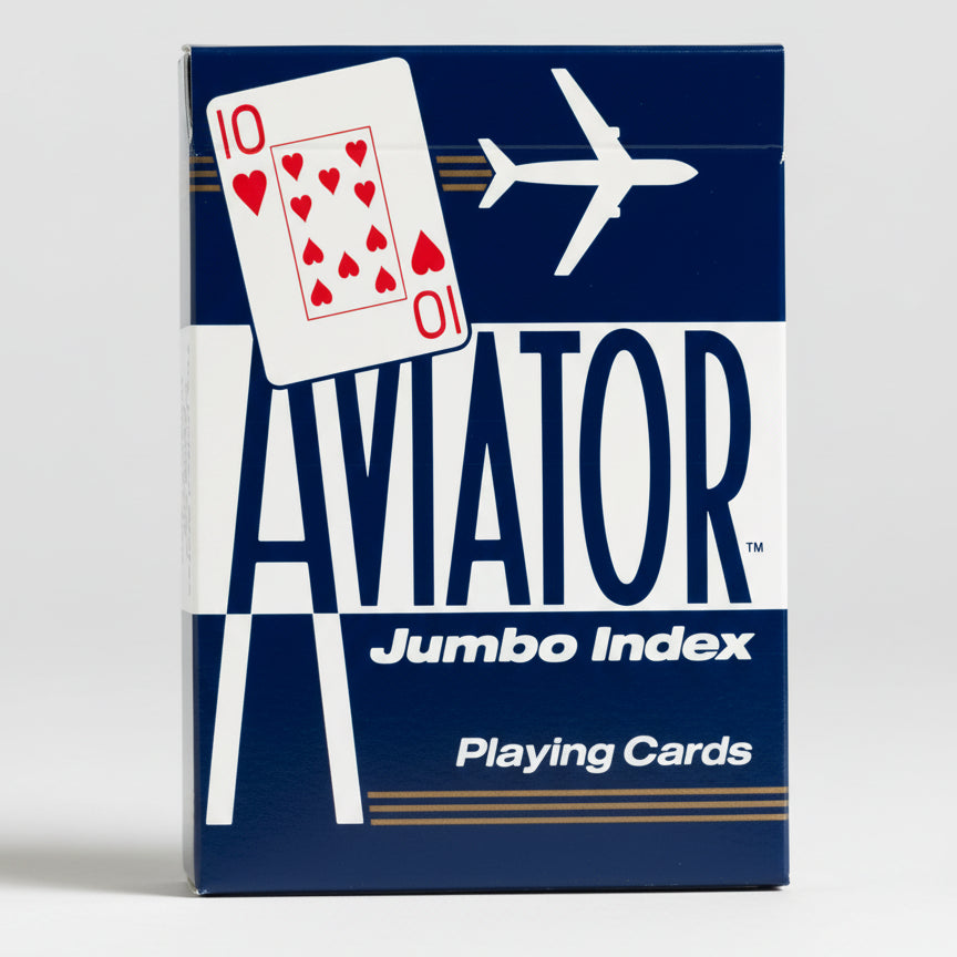 Box of Aviator Jumbo Index playing cards with a playing card and airplane illustration on a blue background.