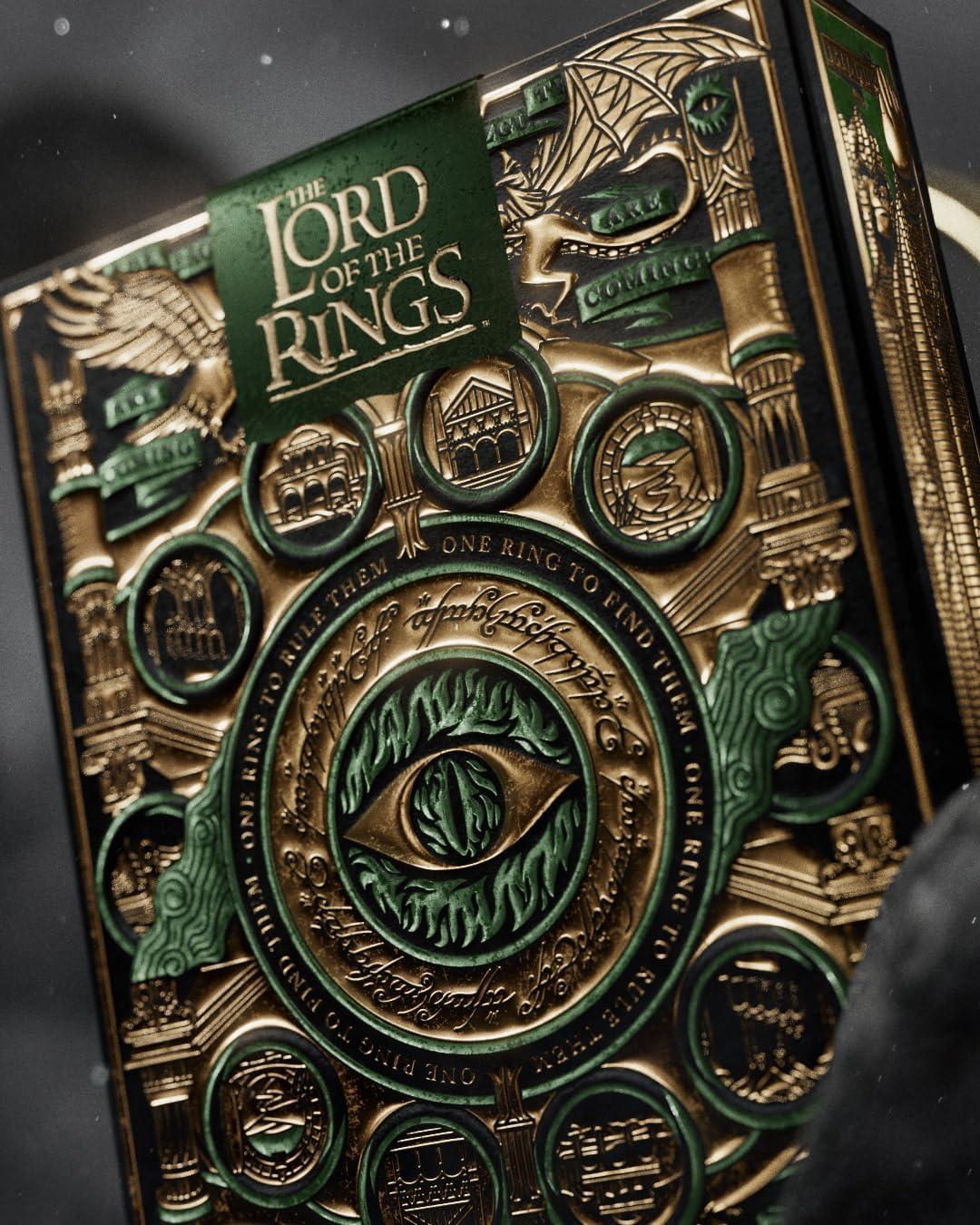 Elaborately designed tuck box with 'The Lord of the Rings' title and iconic symbols.