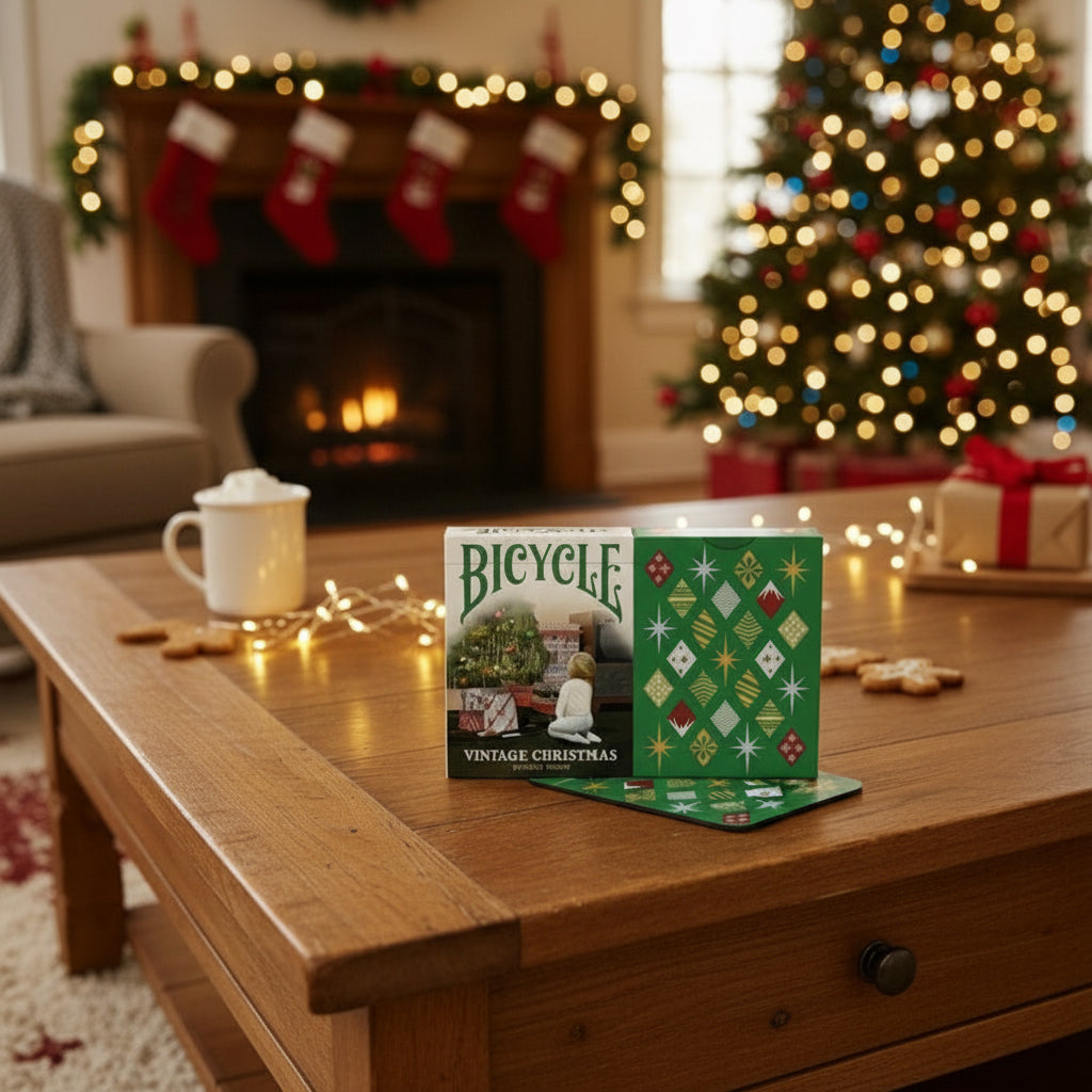 Vintage Christmas playing cards with a child and decorated boxes, and a green card with geometric patterns.