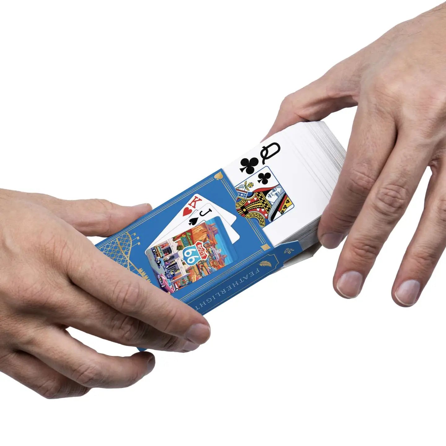 Route 66 playing cards sliding from the Boardwalk tuck box