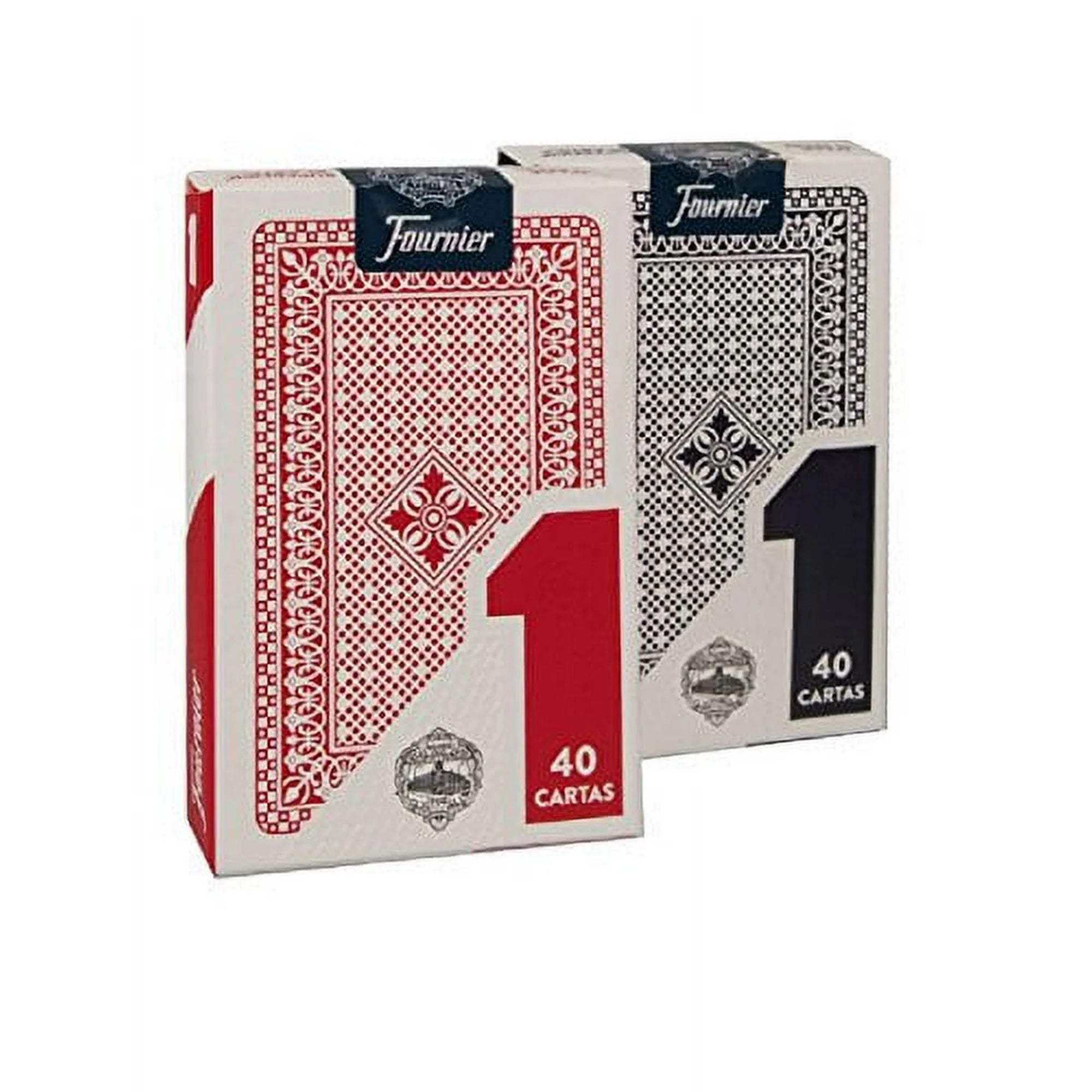 Two boxes of Fournier No. 1 playing cards, one red and one black, on a white background.
