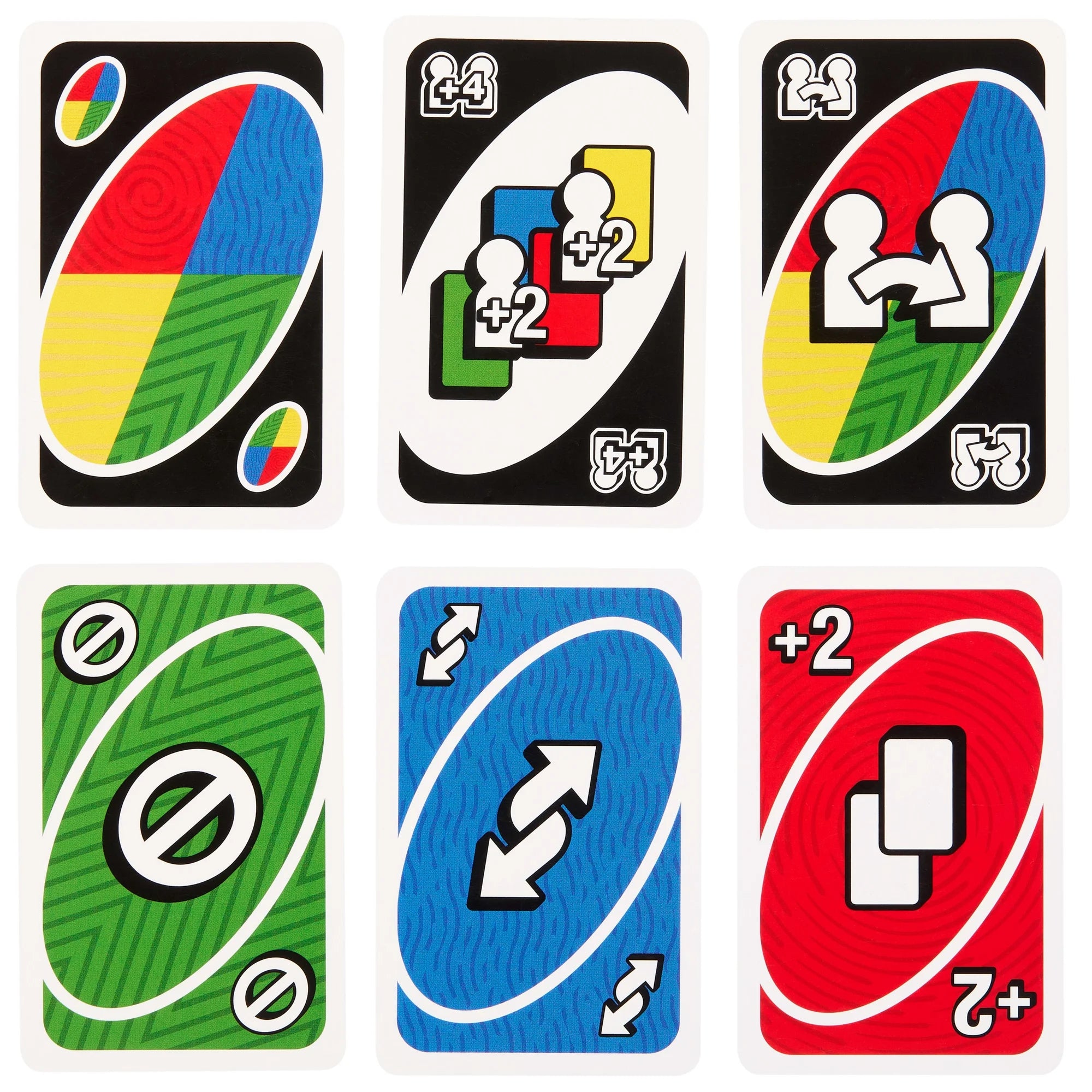 Set of six colorful UNO Teams game cards with different symbols and numbers on a white background