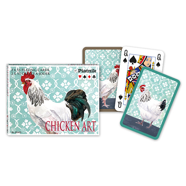 Playing cards with chicken art design on a white background