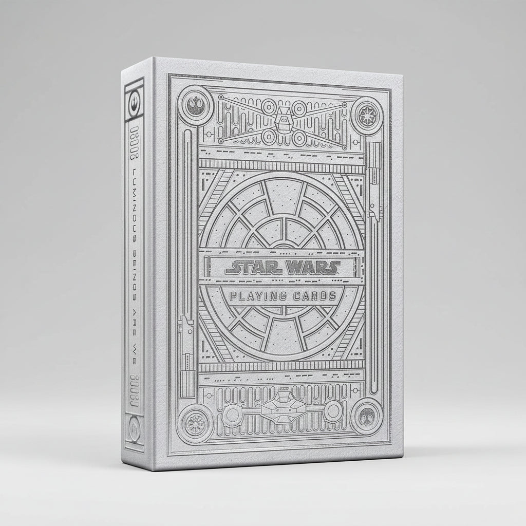 Star Wars playing cards packaging with geometric design and branding.