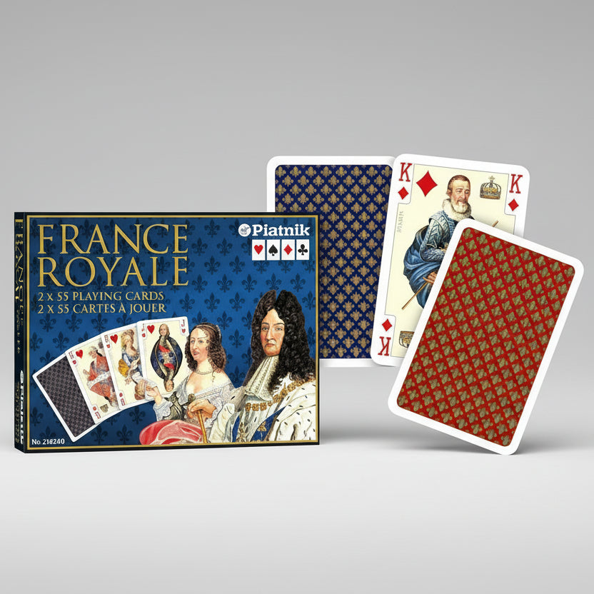 France Royale playing cards with a blue box featuring historical figures and Piatnik branding.