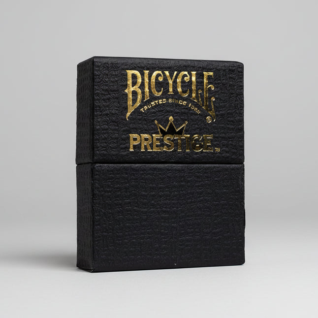 Black Bicycle Prestige playing card box with gold text