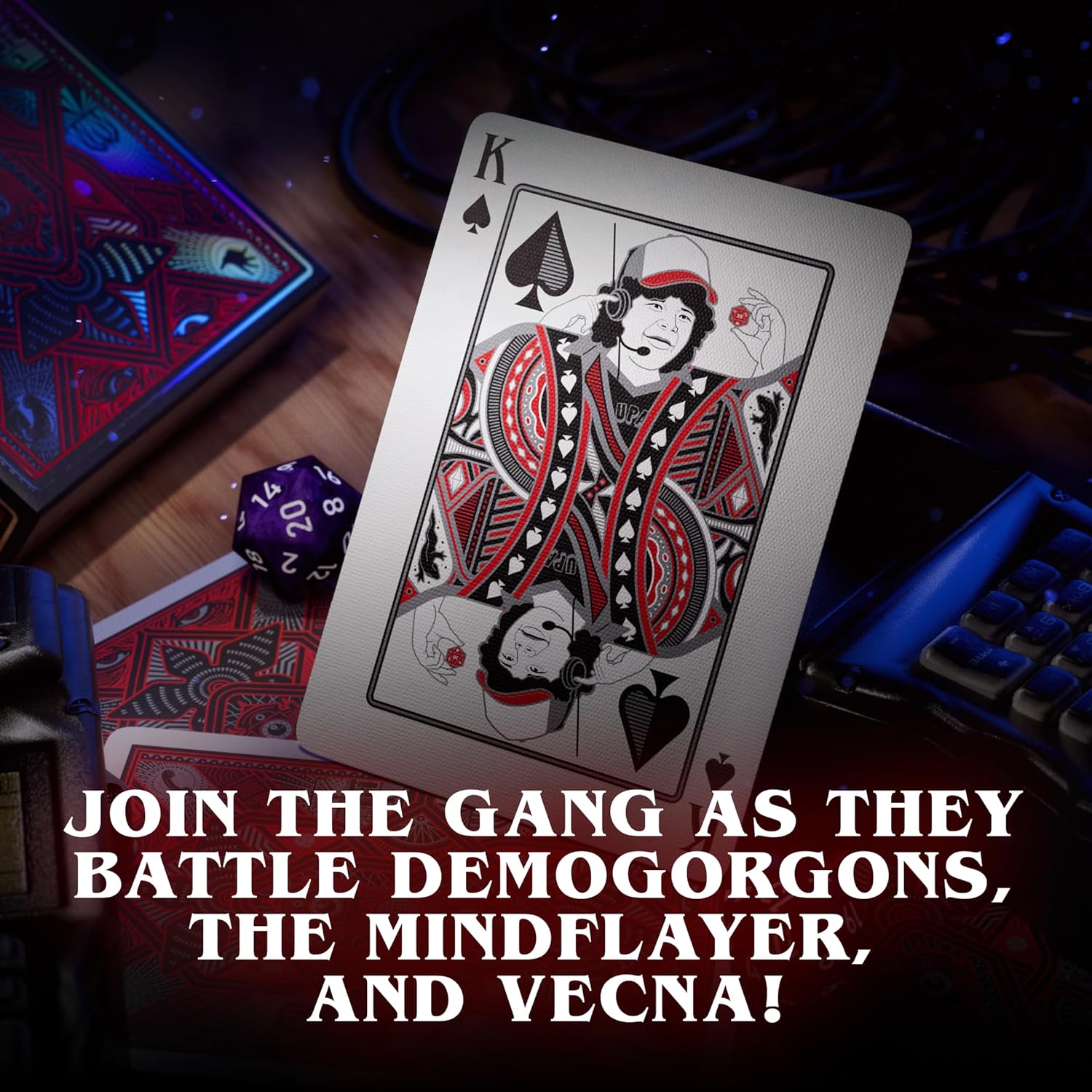 Playing card with a character design on a gaming table with text inviting to join a fantasy battle.