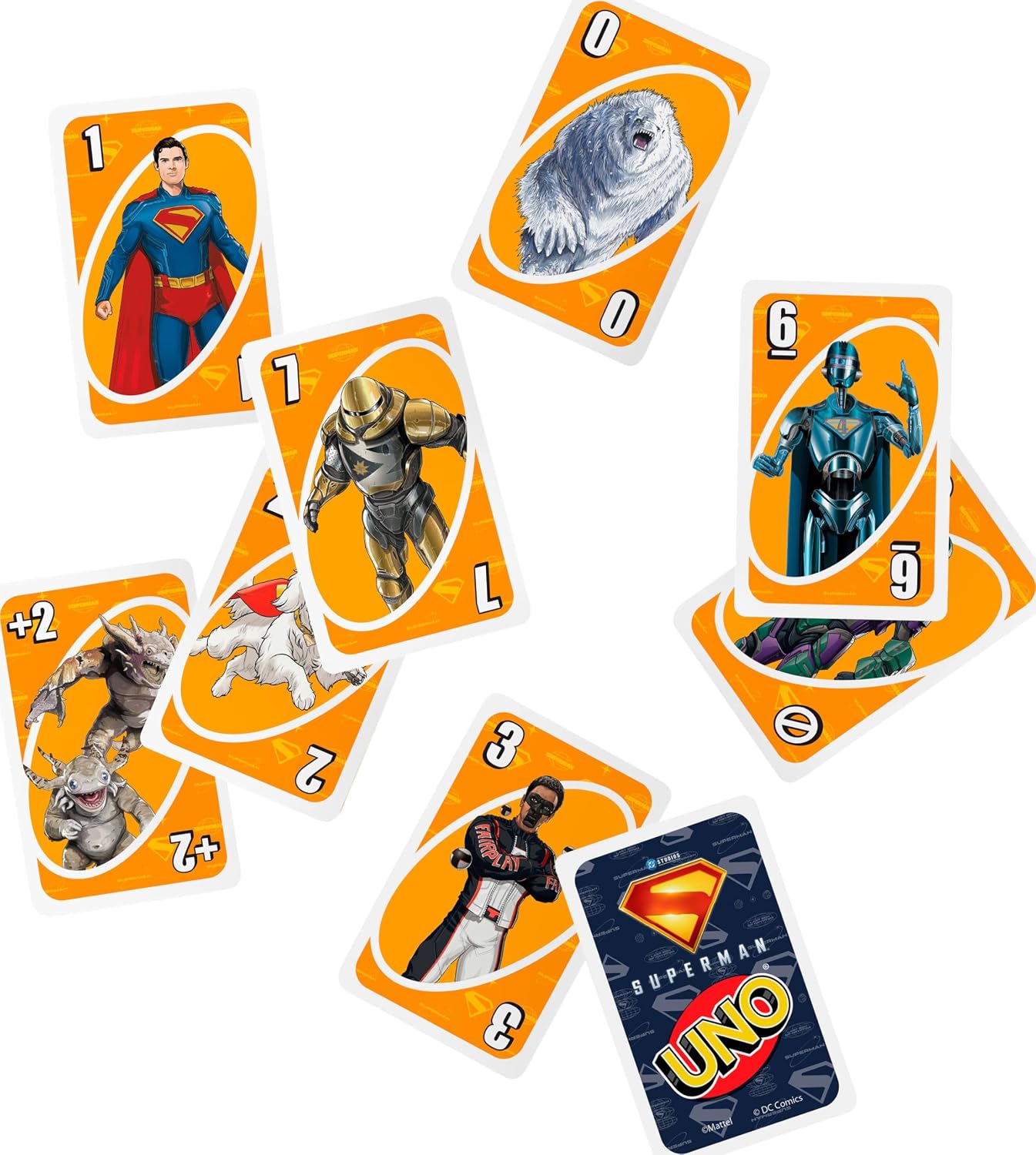 UNO Superman character and action card spread