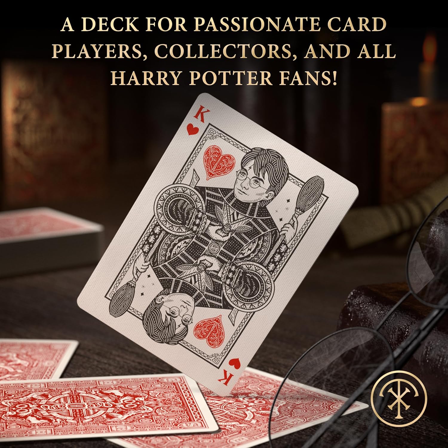 Playing card with character design on a dark background with text about card players and collectors.