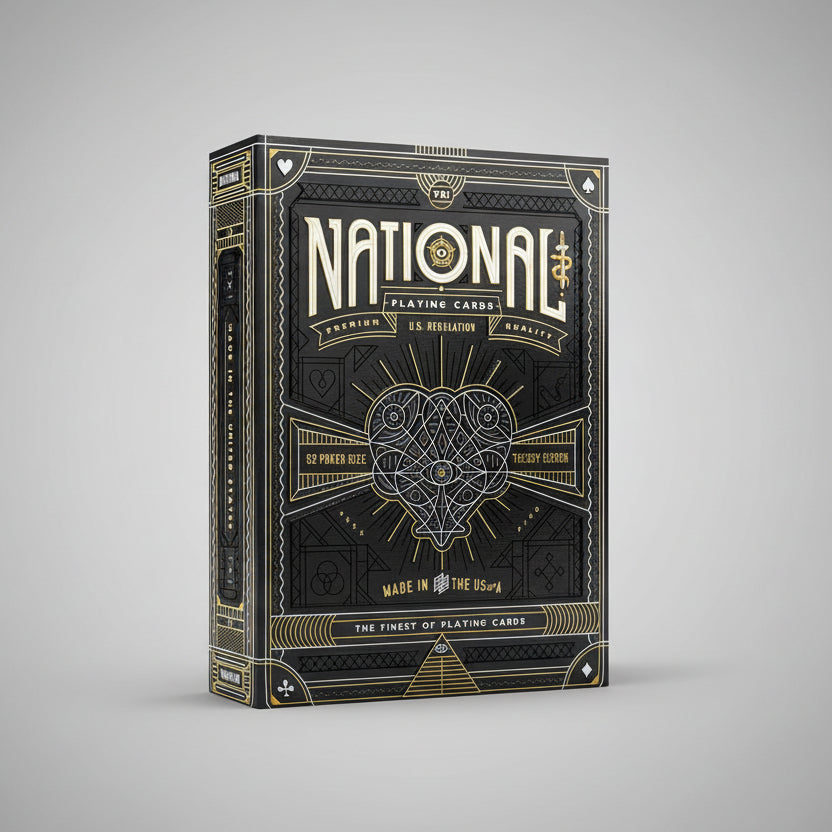 National playing cards packaging with geometric design and text