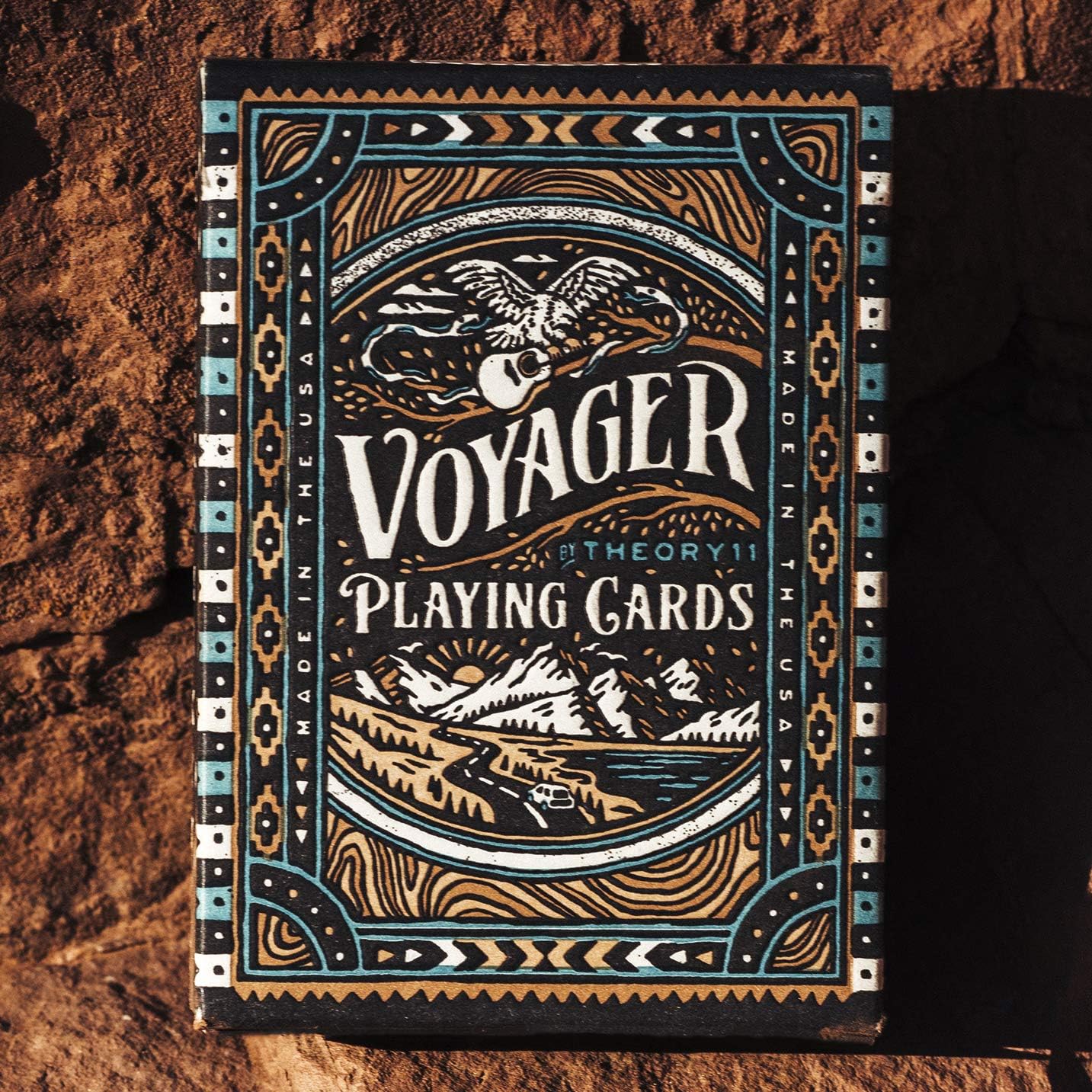 Voyager playing cards packaging on a wooden surface