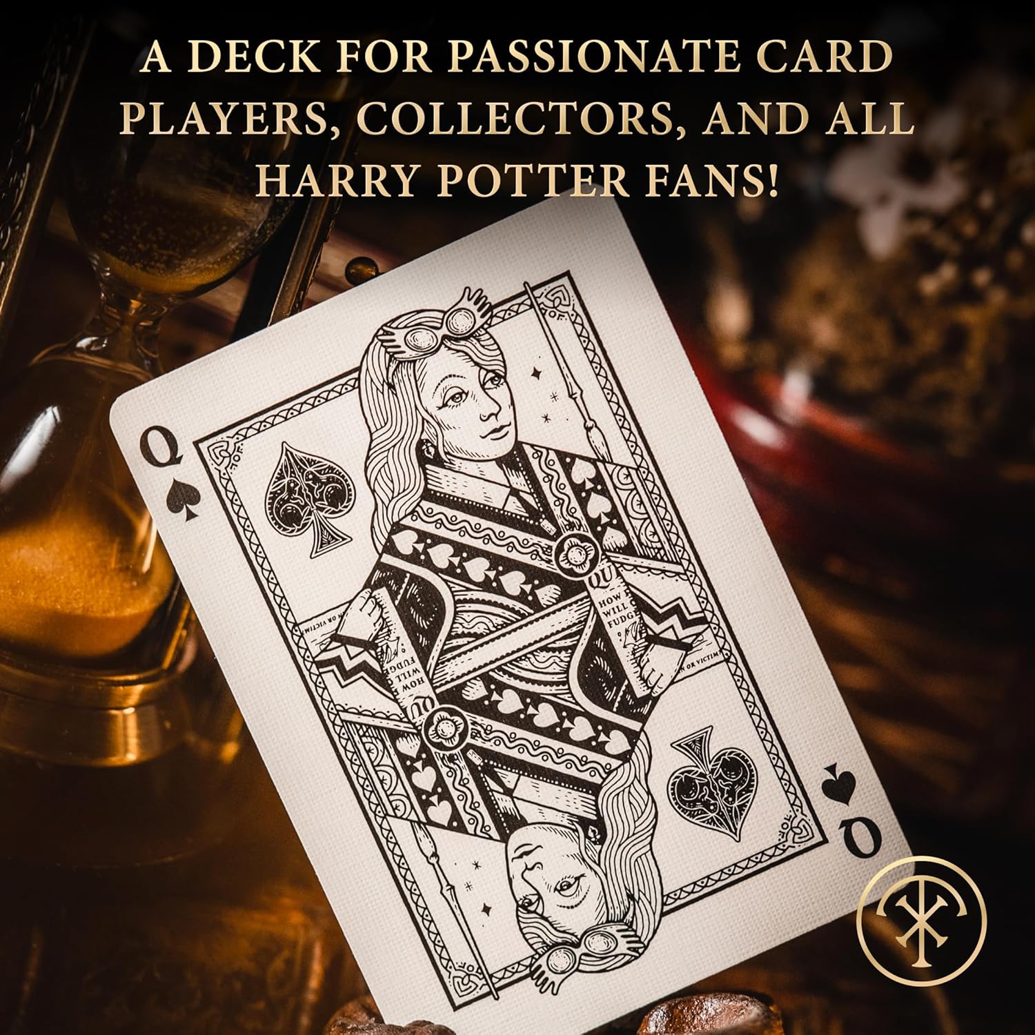 Playing card with Queen of Spades design on a dark background with text about card players and collectors.