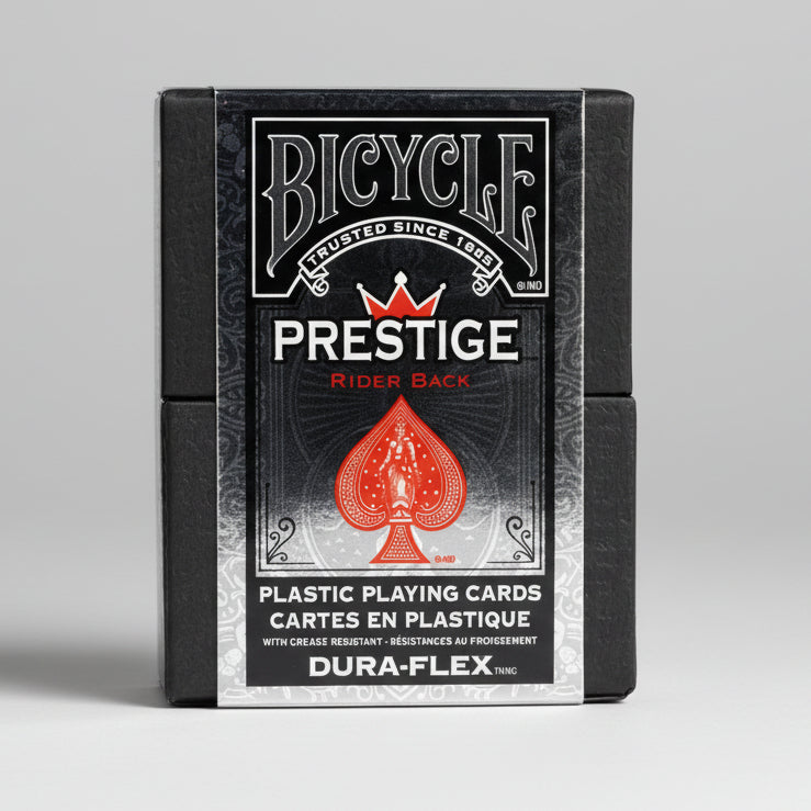Bicycle Prestige Rider Back playing cards packaging with black and red design.