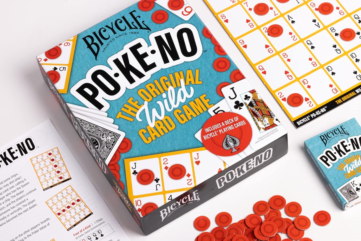Bicycle PO-KE-NO game with player boards, chips, Bicycle deck, pencil, and rule sheet