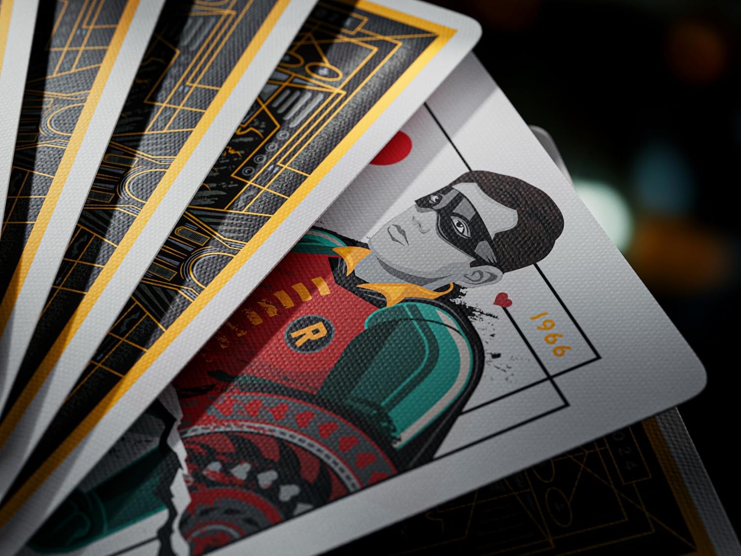 Playing cards with a unique design on a dark background