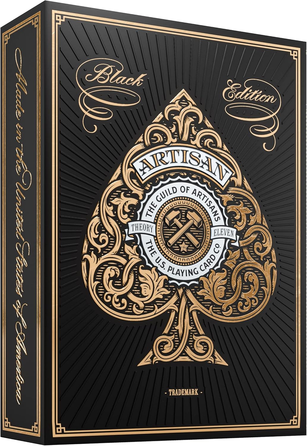 Playing card box with intricate design and text on a black background