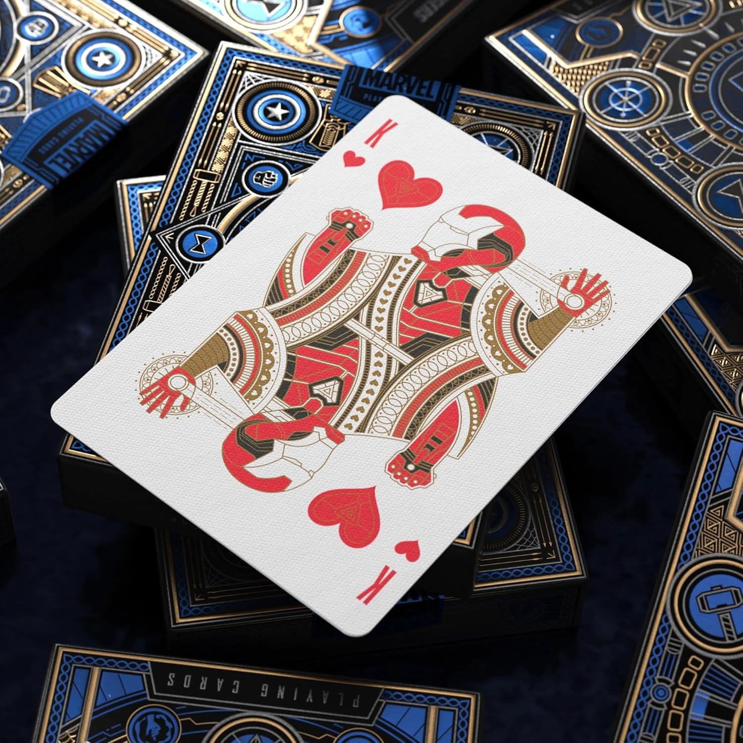 Playing card with a decorative design on a dark background