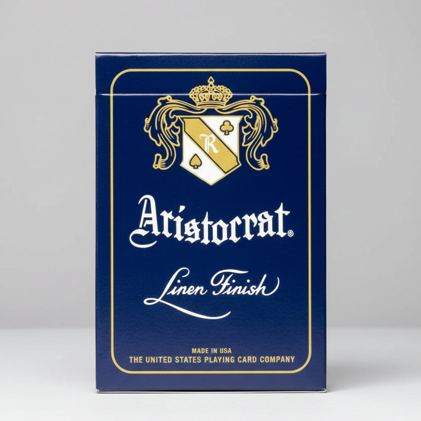 Aristocrat blue playing card tuck box with gold branding and linen finish text