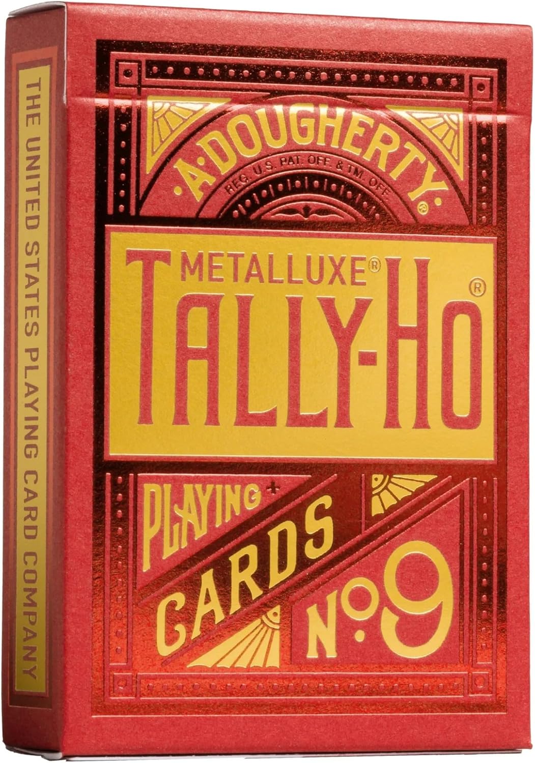 Red and yellow Metalluxe Tally-Ho playing cards packaging