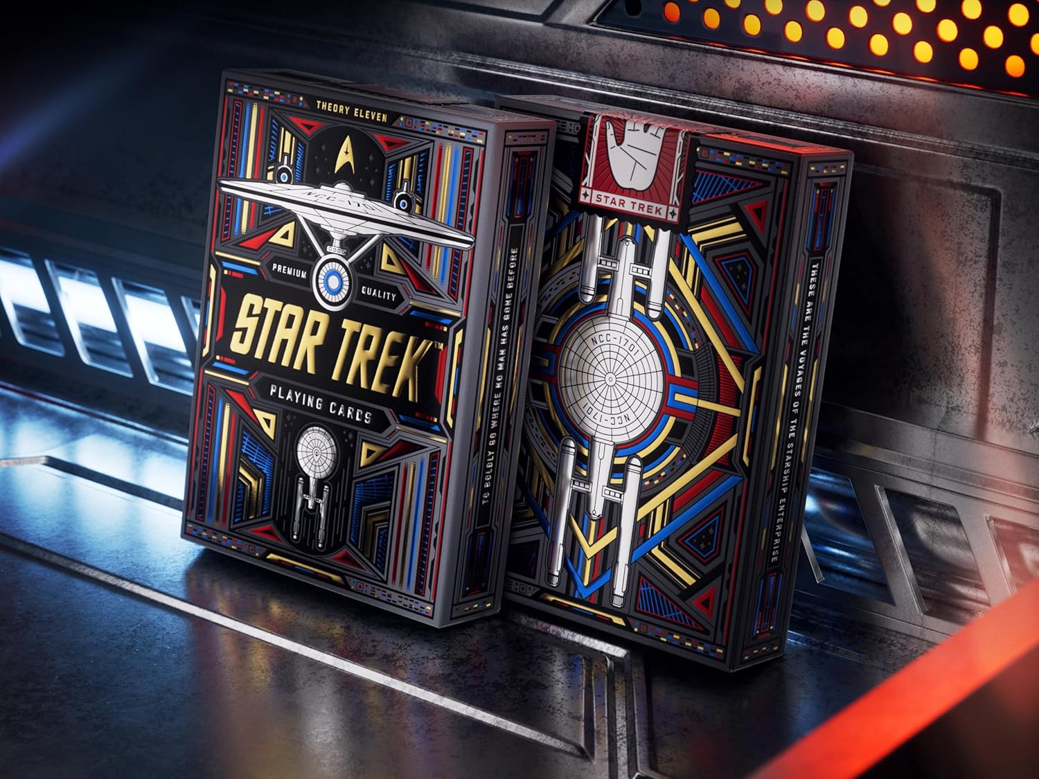 Star Trek playing cards with a futuristic design on a reflective surface.