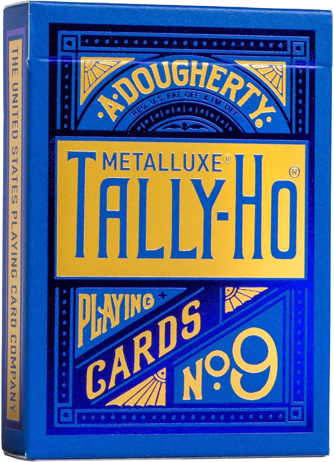 Blue and yellow Tally-Ho Metalluxe playing card box