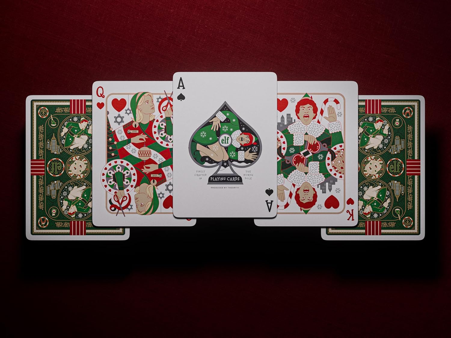 Set of playing cards with decorative designs on a dark red background