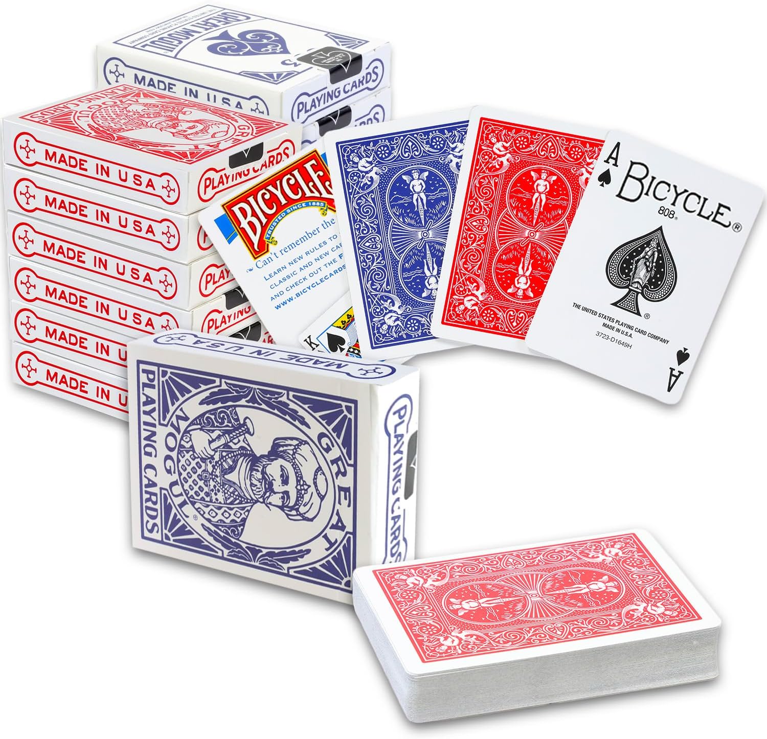 Great Mogul playing cards with red and blue designs on a white background