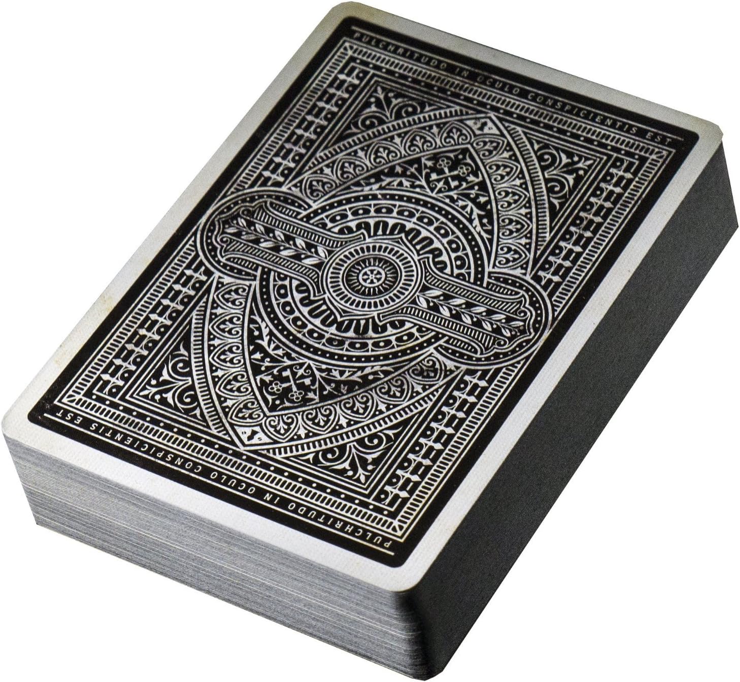 Black and white playing cards with intricate design on a white background