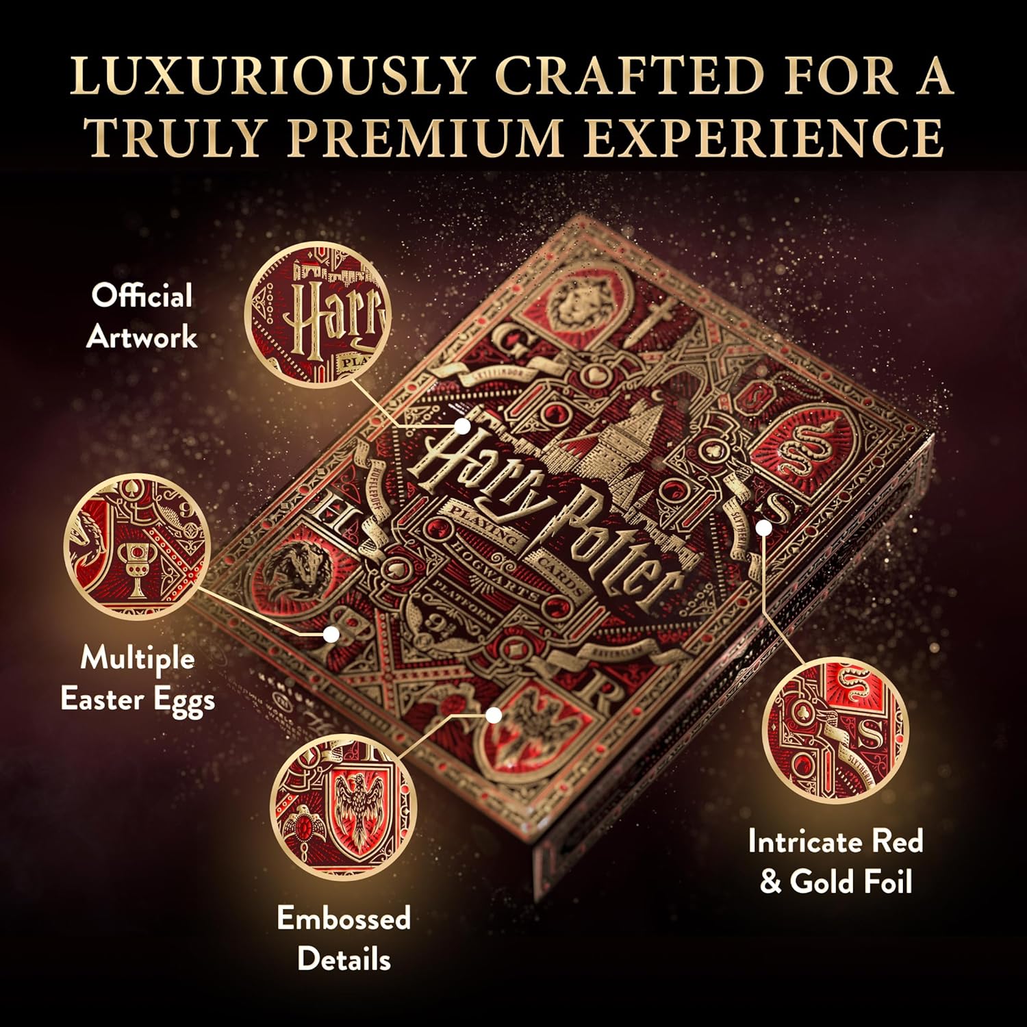 Harry Potter book with intricate design and text highlighting features on a dark background