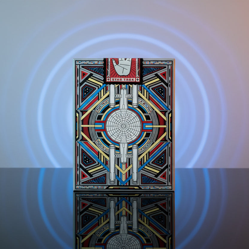 Star Trek ship design on a geometric patterned background