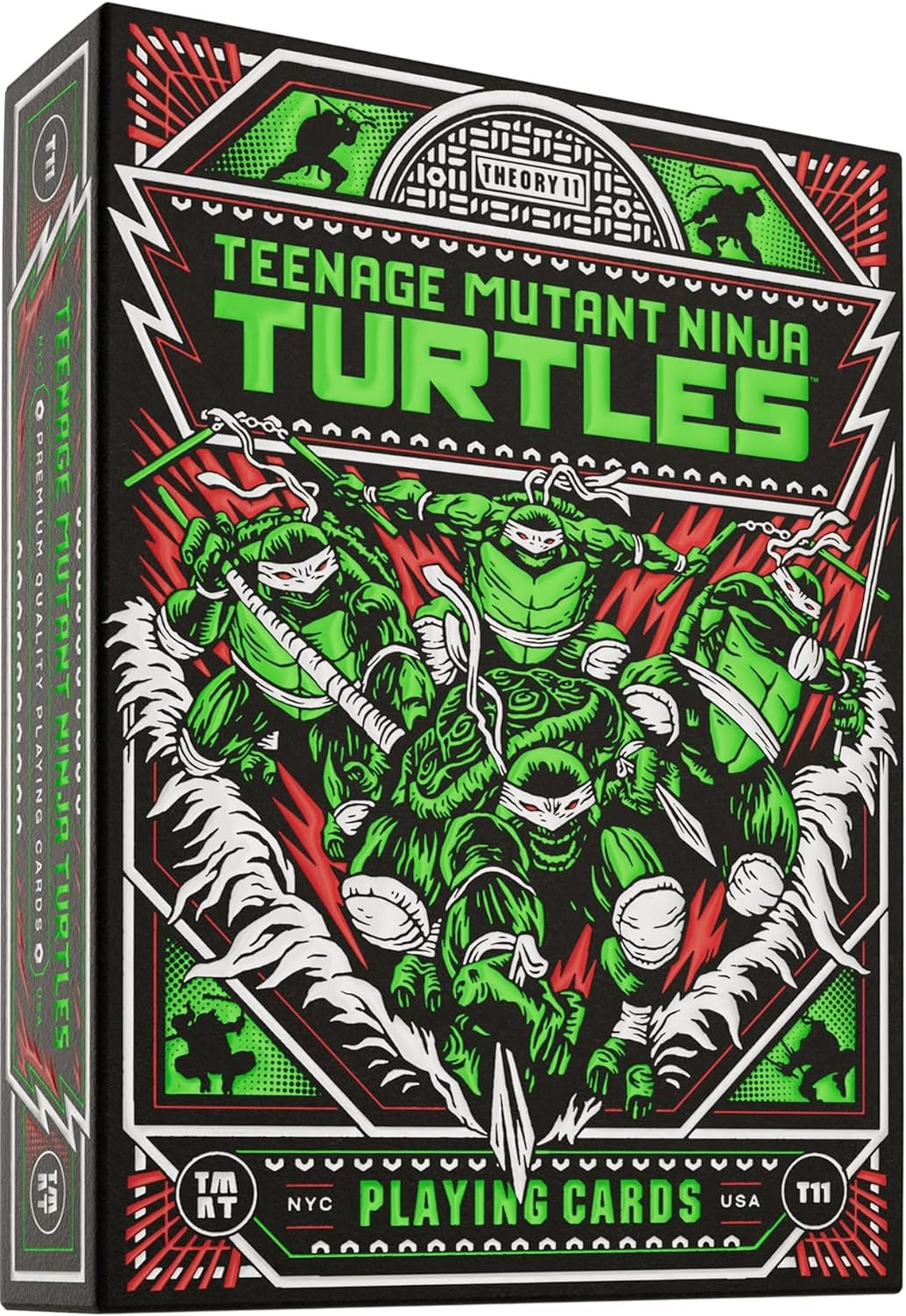 Teenage Mutant Ninja Turtles playing cards box with green, red, and black design.