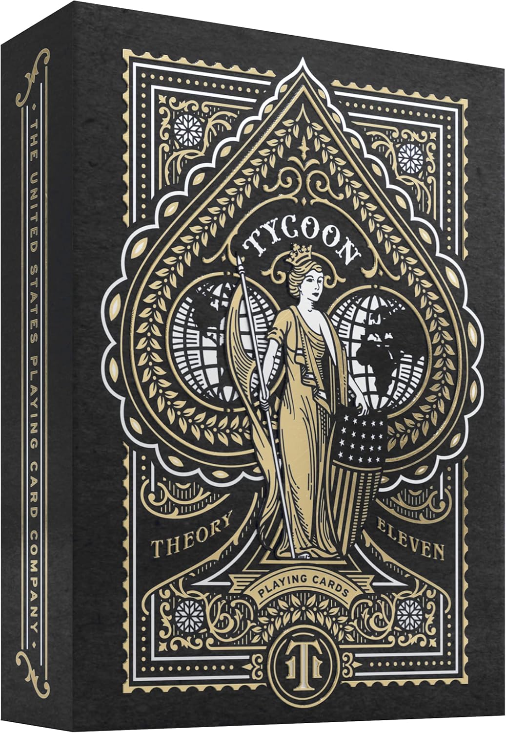 Black and gold playing card box with intricate design and 'Tycoon' branding.