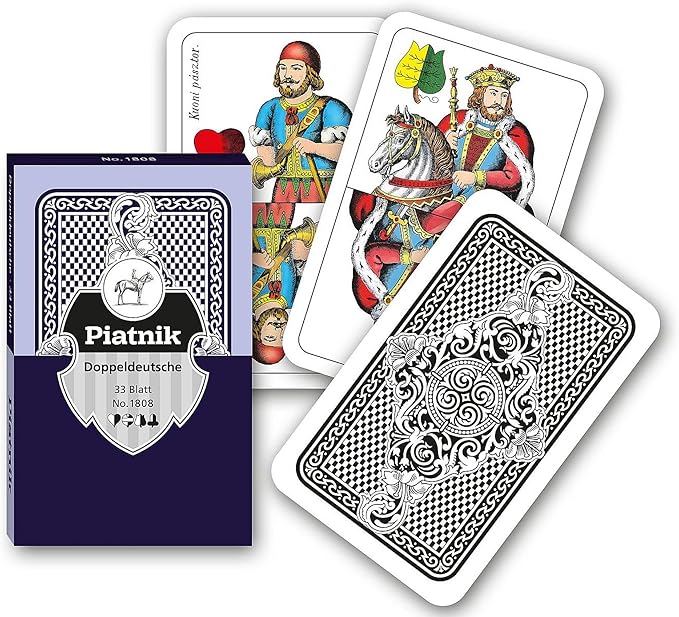 Piatnik Doppledeutsche playing cards with decorative designs and a blue card holder.