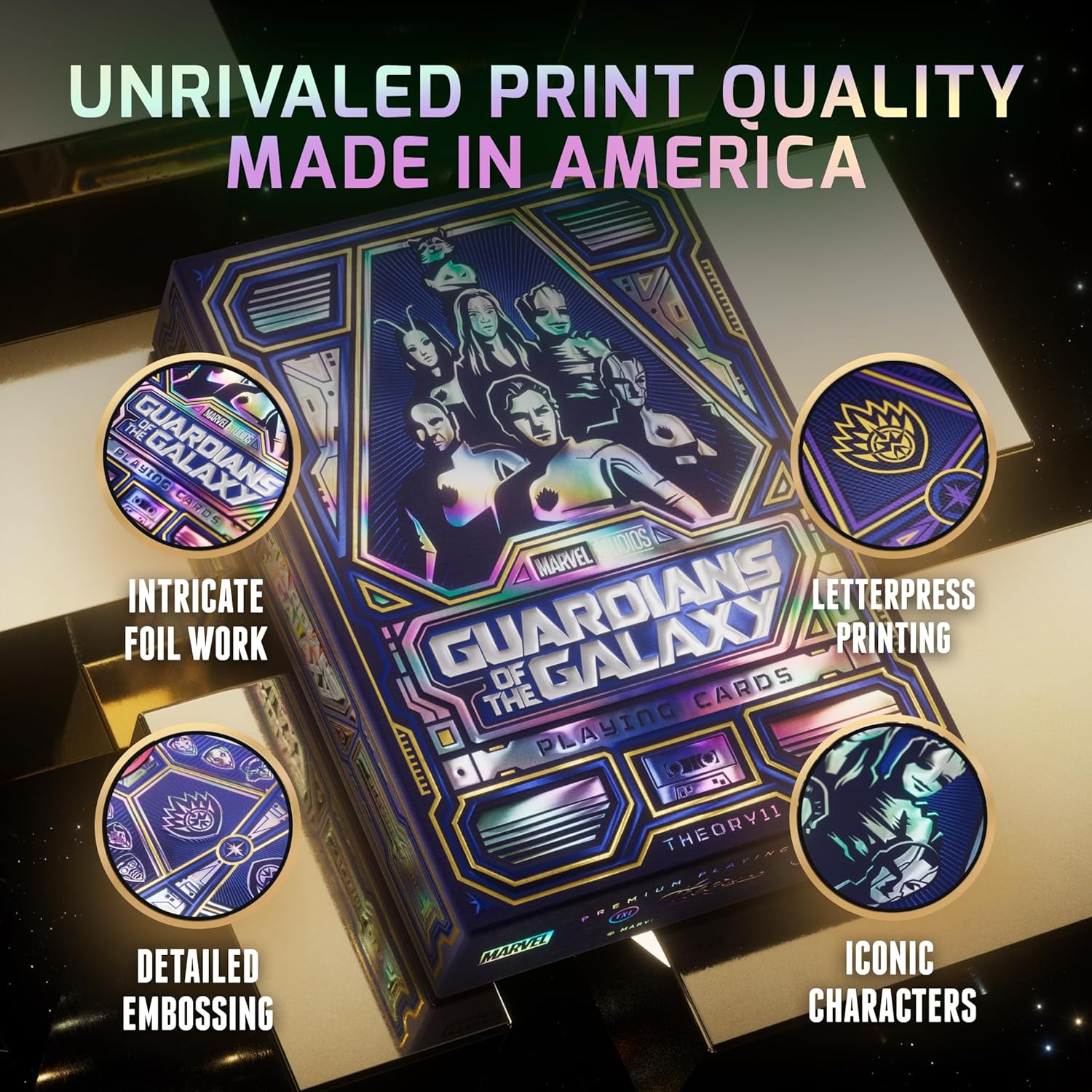 Theory11 Guardians of the Galaxy deck with foil, embossing and character artwork details