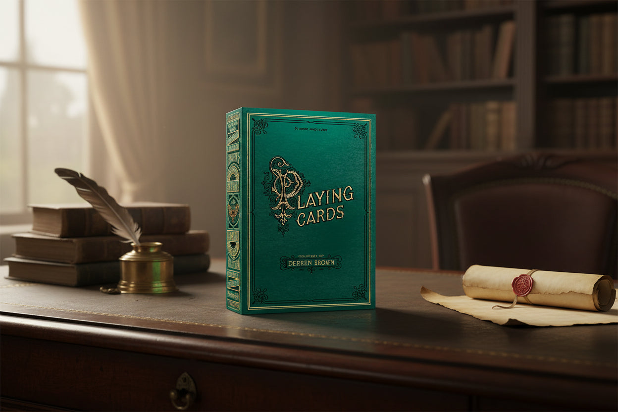 Theory11 Derren Brown tuck box in deep green with gold foil ‘Playing Cards’ title and ornate monogram.