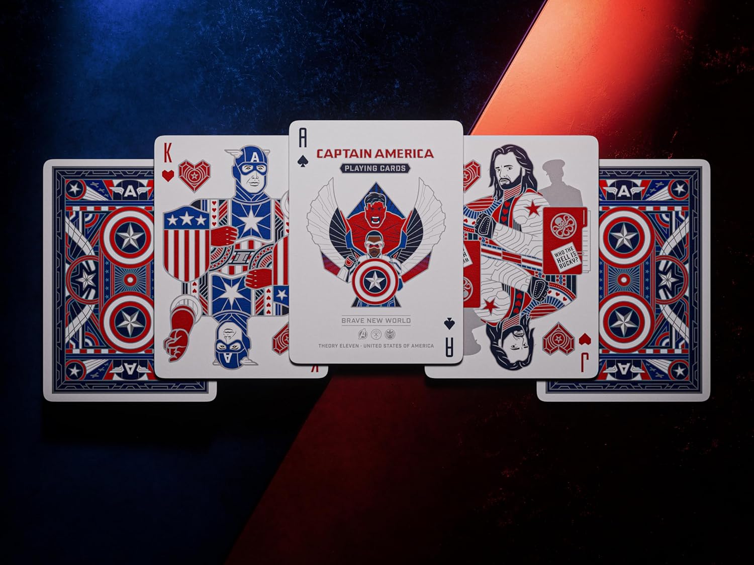 Fan of Theory11 Captain America cards showing custom back design plus King, Ace, and Jack of hearts with Steve Rogers and Bucky artwork.