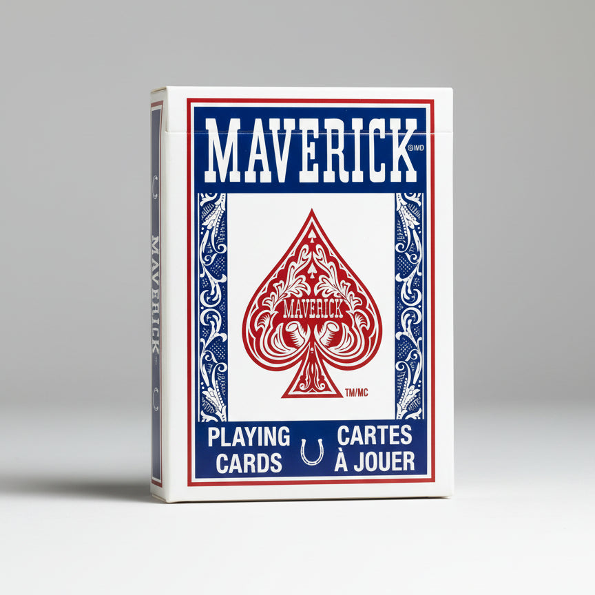 Maverick playing cards packaging with red spade logo on a blue and white background