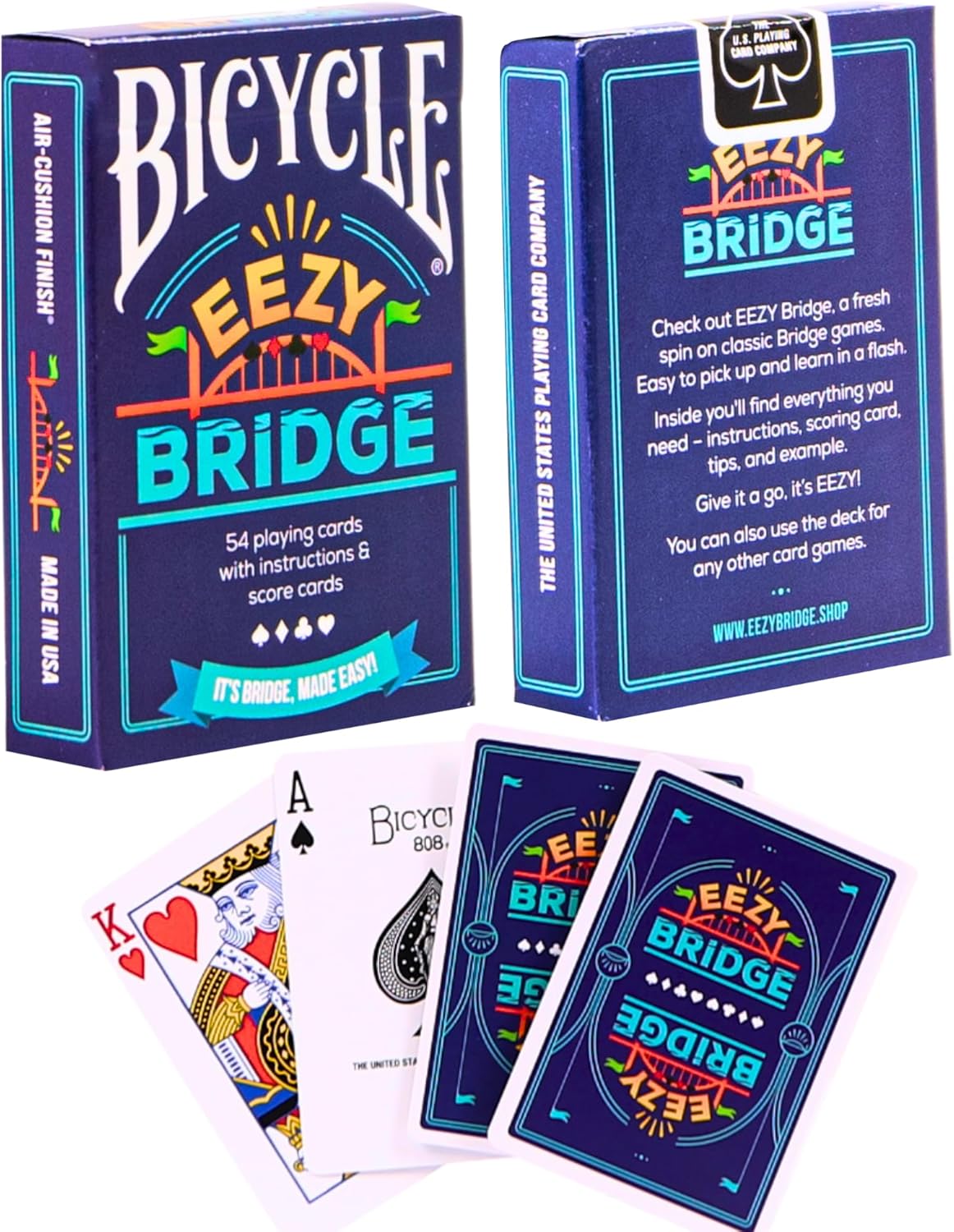 Bicycle Eezy Bridge playing cards with packaging and cards displayed.