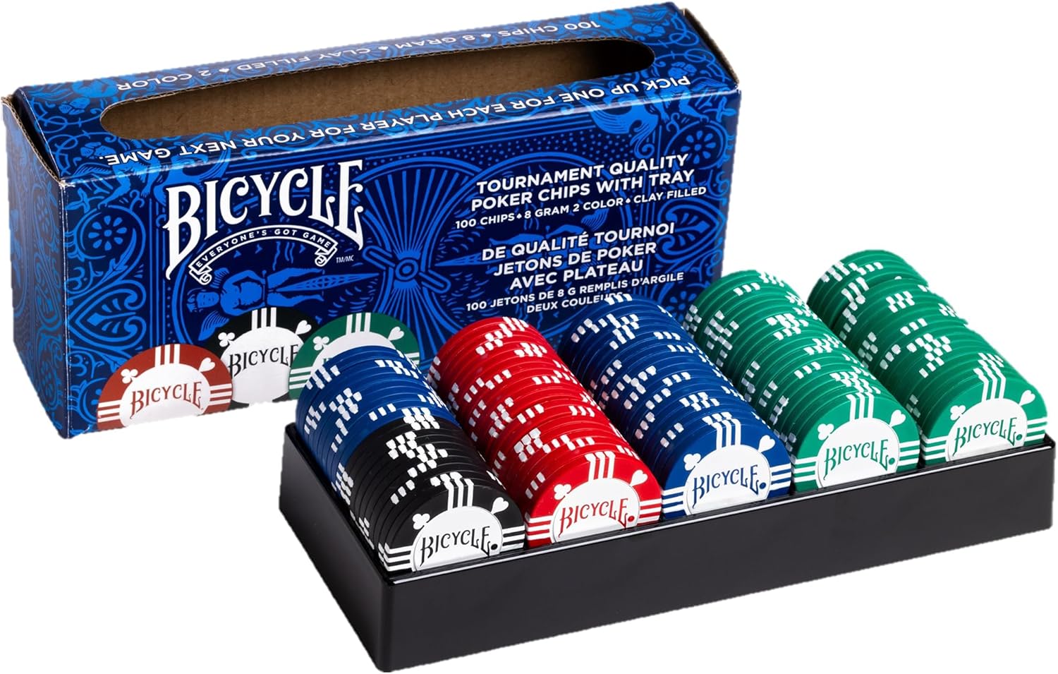 Bicycle poker chips set with blue, red, and green chips in front of a blue Bicycle branded box.