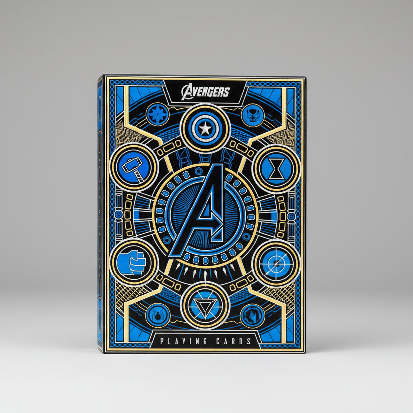 Avengers playing cards packaging with blue and gold design
