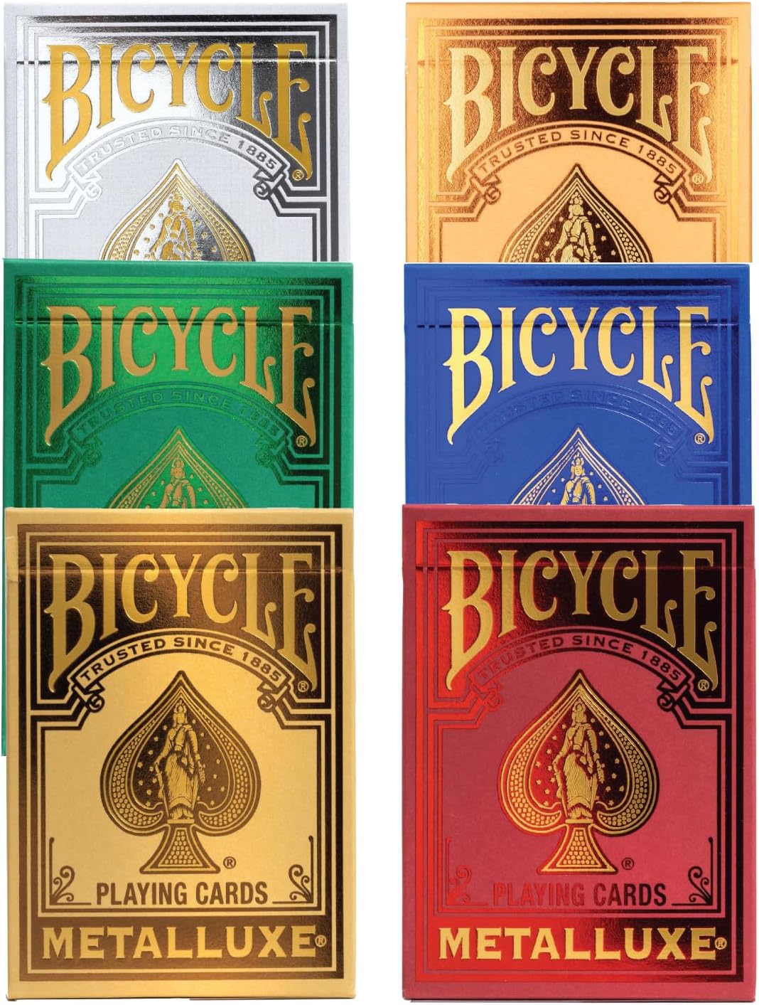 Set of six Bicycle Metalluxe playing card decks in different colors.