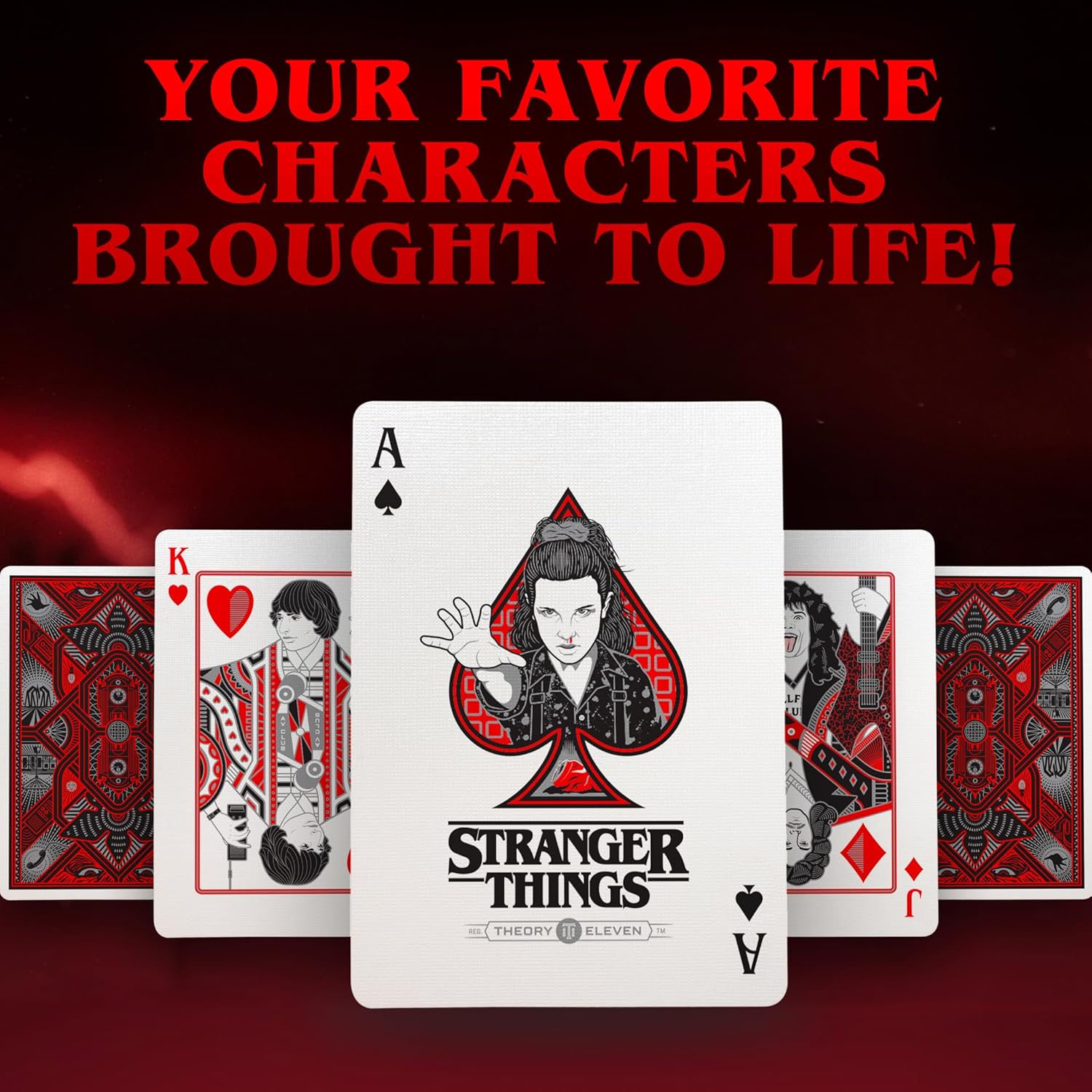 Playing cards with 'Stranger Things' design on a red background