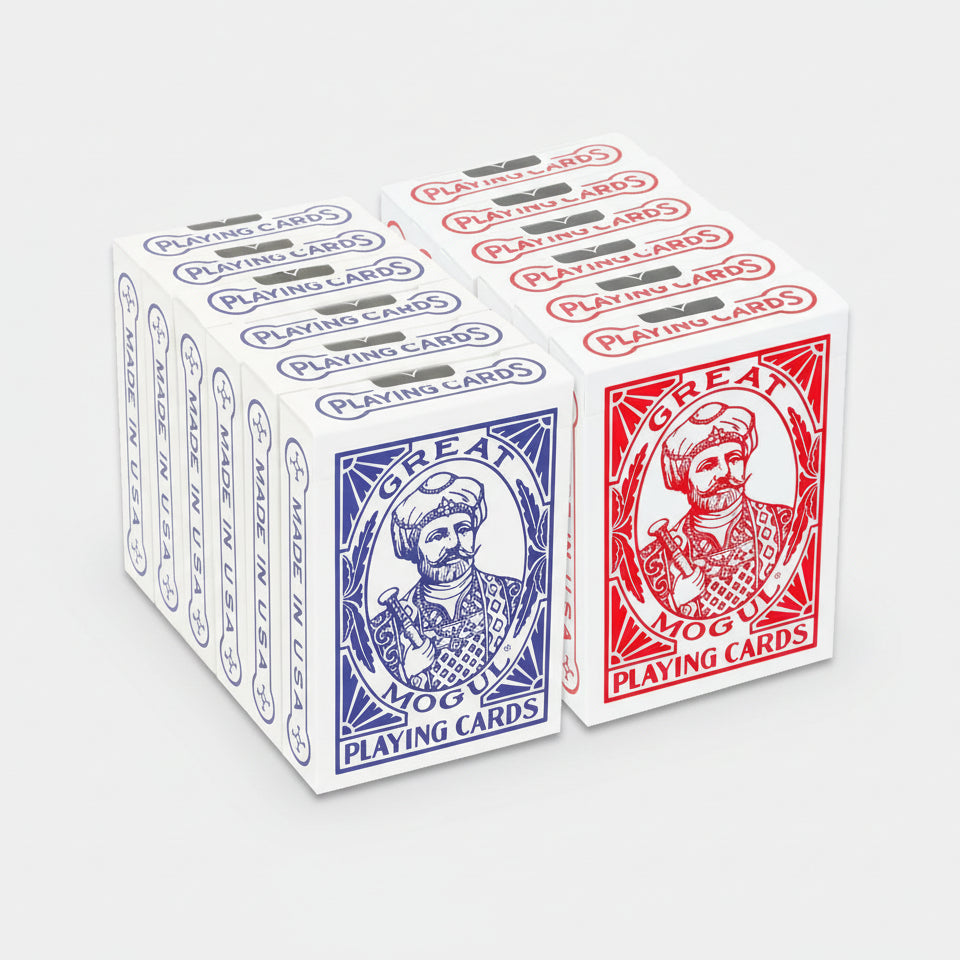 Two boxes of Great Mogul playing cards, one blue and one red, on a white background.