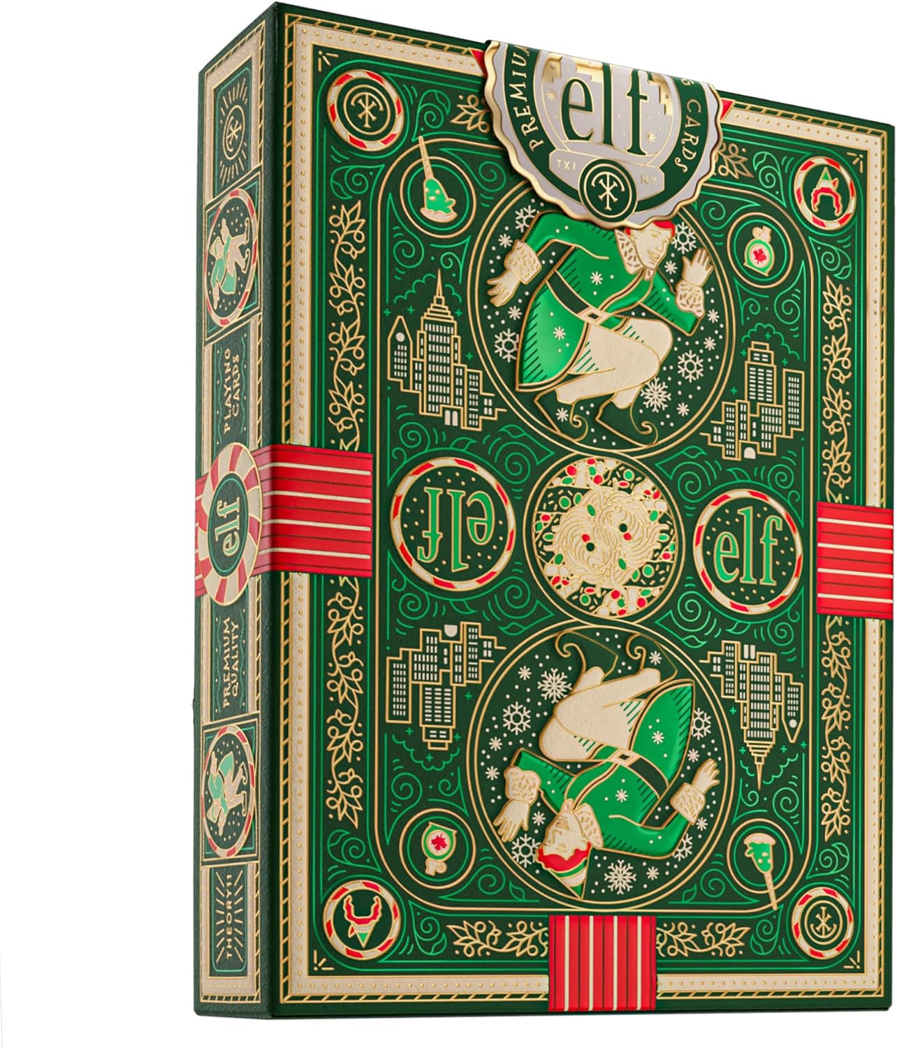 Decorative box with festive design featuring elves and red ribbons on a white background