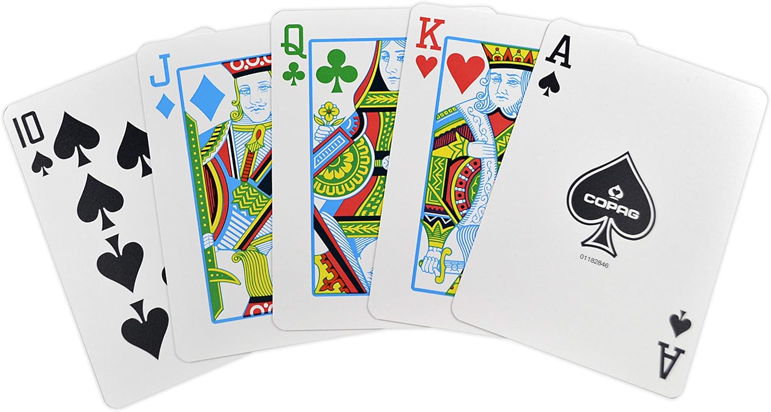 Set of Copag four color playing cards with colorful designs on a white background